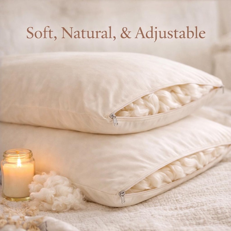May include: Two ivory-colored pillows with visible zippers, revealing the fluffy, natural filling. The pillows are stacked on top of each other. The text "Soft, Natural, & Adjustable" is displayed above the pillows. A lit candle in a glass jar is in the foreground.