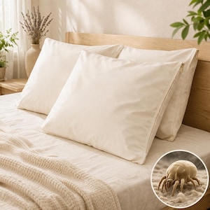 May include: Off-white pillowcases with gold zippers rest on a bed with matching sheets and a knitted throw. The image includes a close-up of a dust mite, highlighting the product's potential benefits for allergy sufferers.
