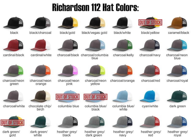 Puede incluir: Una cuadr&iacute;cula de gorras tipo trucker Richardson 112 en varias combinaciones de colores, incluyendo negro, carb&oacute;n, cardenal y opciones ne&oacute;n. Algunas gorras tienen el texto rojo 'OUT OF STOCK'. La imagen muestra una amplia gama de modelos bicolor y s&oacute;lidos.