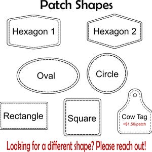 Puede incluir: Un gr&aacute;fico titulado Patch Shapes que muestra los contornos de varios estilos de parches, incluyendo Hexagon 1, Hexagon 2, Oval, Circle, Rectangle, Square y Cow Tag. Cada forma tiene un borde discontinuo y etiquetas de texto. El texto inferior dice Looking for a different shape? Please reach out!