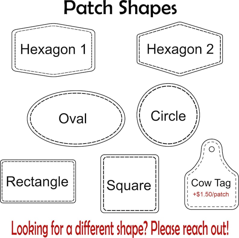 Puede incluir: Un gr&aacute;fico titulado Patch Shapes que muestra los contornos de varios estilos de parches, incluyendo Hexagon 1, Hexagon 2, Oval, Circle, Rectangle, Square y Cow Tag. Cada forma tiene un borde discontinuo y etiquetas de texto. El texto inferior dice Looking for a different shape? Please reach out!