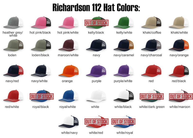Puede incluir: Una cuadr&iacute;cula de gorras tipo camionero Richardson 112 en varias combinaciones de colores, incluyendo dise&ntilde;os s&oacute;lidos y bicolores con parte trasera de malla. El texto Richardson 112 Hat Colors aparece arriba y varias gorras tienen una etiqueta de Out of Stock.