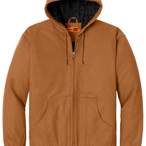 Puede incluir: Una chaqueta de trabajo marr&oacute;n con capucha, cierre de cremallera y logotipo de Copper Stone en la parte delantera. La chaqueta tiene dos bolsillos delanteros y un bolsillo en el pecho izquierdo.