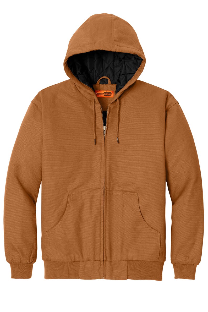 Puede incluir: Una chaqueta de trabajo marr&oacute;n con capucha, cierre de cremallera y logotipo de Copper Stone en la parte delantera. La chaqueta tiene dos bolsillos delanteros y un bolsillo en el pecho izquierdo.