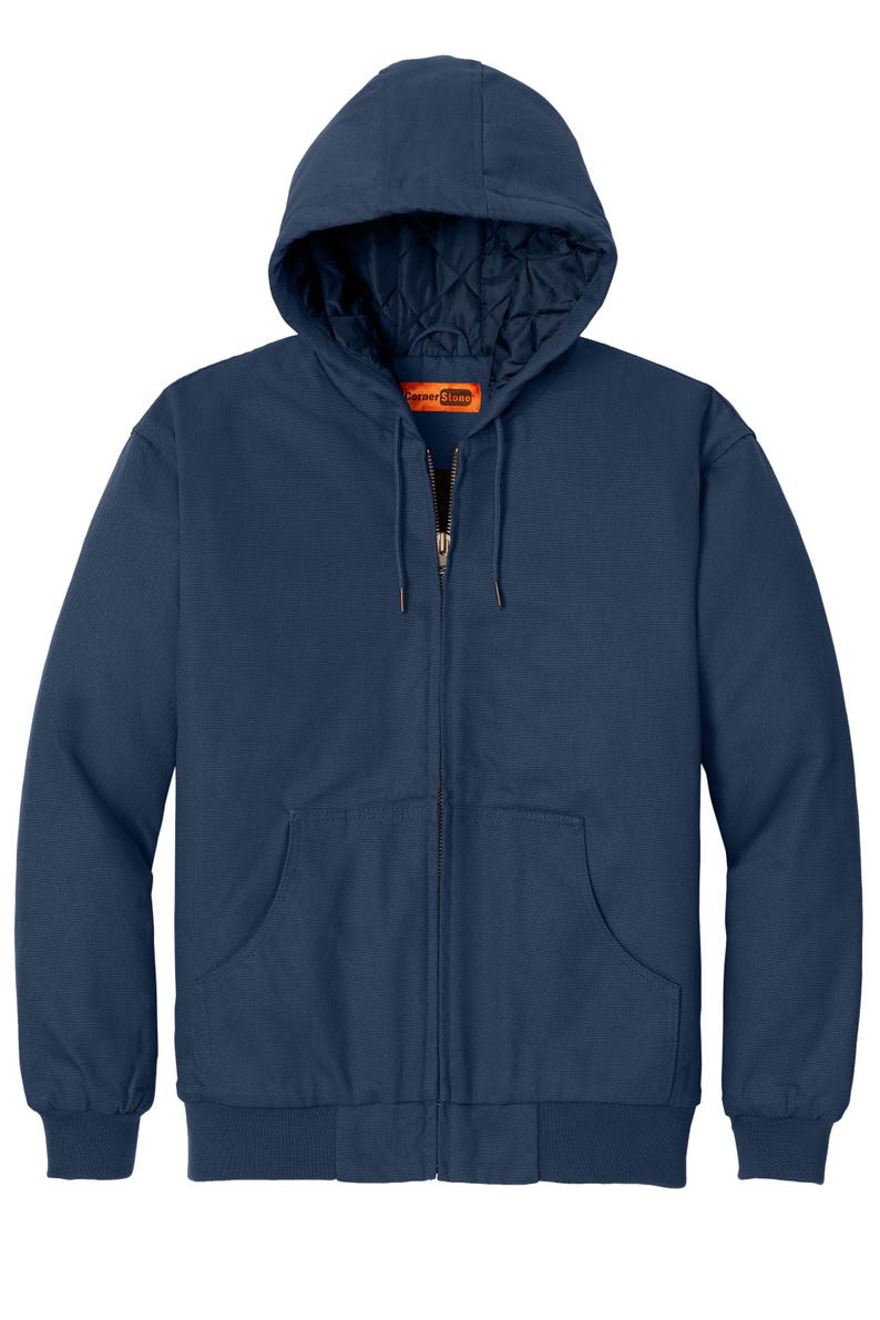 Puede incluir: Una chaqueta de trabajo azul marino con capucha, cierre de cremallera y un logotipo de Copper Stone en la parte delantera.