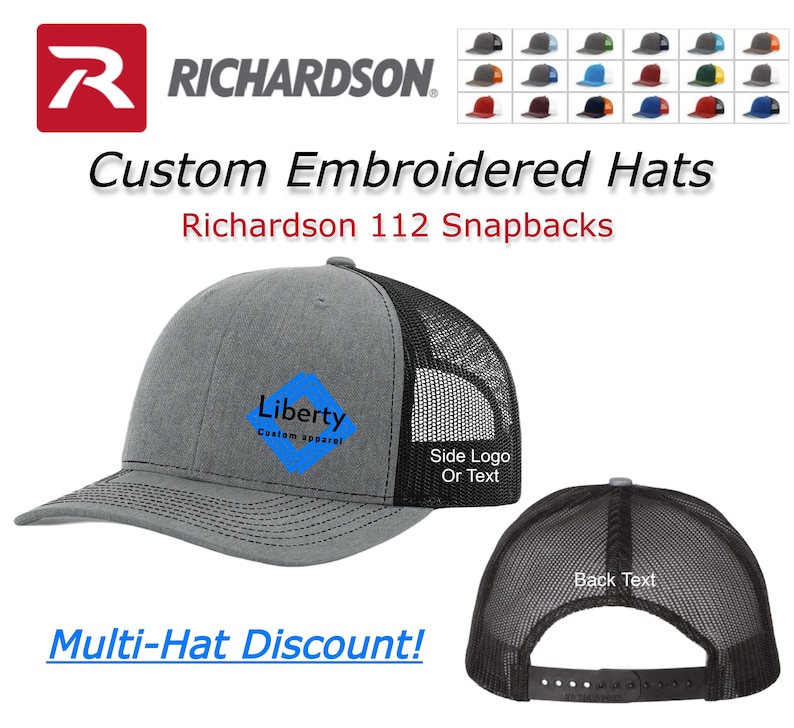 May include: A gray and black Richardson 112 snapback hat with a blue and white logo that says "Liberty Custom Apparel" on the front. The hat has a mesh back and a black strap with a snap closure. The hat is shown from the front and back. The text "Side Logo Or Text" is on the side of the hat and the text "Back Text" is on the back of the hat.