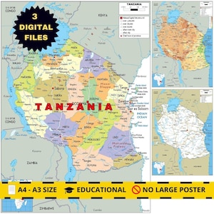Printable Tanzania Political Map + Topography & Roads
