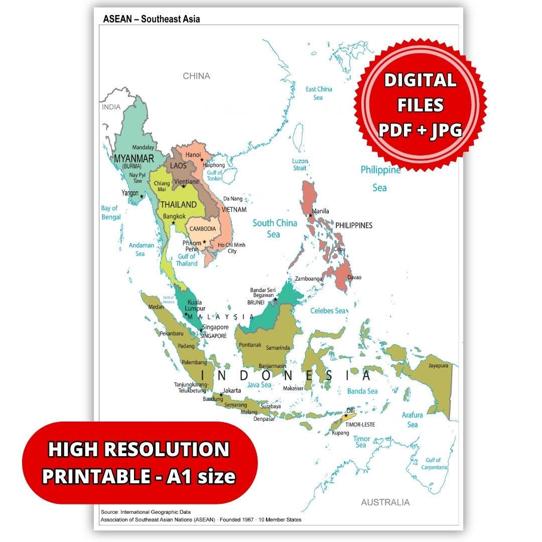 ASEAN Political Map, High Resolution Southeast Asia (printable Digital ...