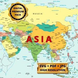 Puede incluir: Un mapa colorido de Asia, con países en varios tonos. La palabra "ASIA" se muestra prominentemente en rojo. Incluye un sello dorado que dice "DIGITAL PREMIUM PACK" y una pancarta dorada que dice "SVG + PDF + JPG ALTA RESOLUCIÓN".