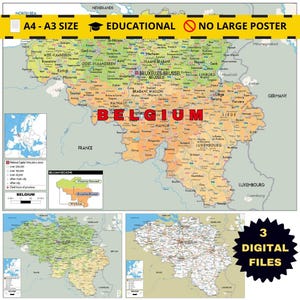 BELGIUM Printable Political Map A3 Digital Download with Topography & Road Networks ideal for Educational, Business, Travel and Home Office
