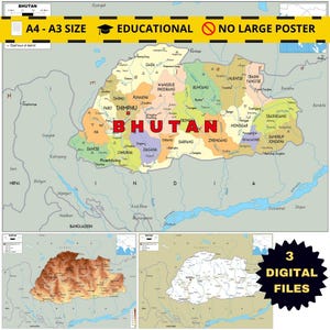 Mapa polityczna Bhutanu + mapa fizyczna i drogowa (do natychmiastowego pobrania w wersji cyfrowej, format A3)