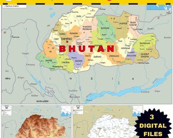 Bhutan Political map + Physical & Road (Instant digital download Printable A3)