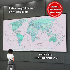 Political World Map – Extra Large Format, Ultra-High-Resolution Printable (Turquoise & Pink)