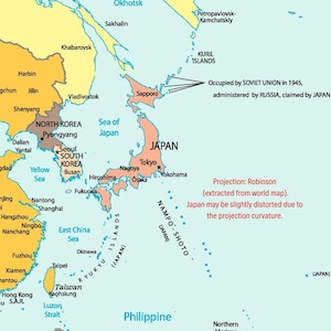 May include: A colorful map of East Asia, highlighting Japan, Korea, and surrounding areas. Major cities like Tokyo, Seoul, and Shanghai are labeled. The map includes text indicating historical claims and projection details.