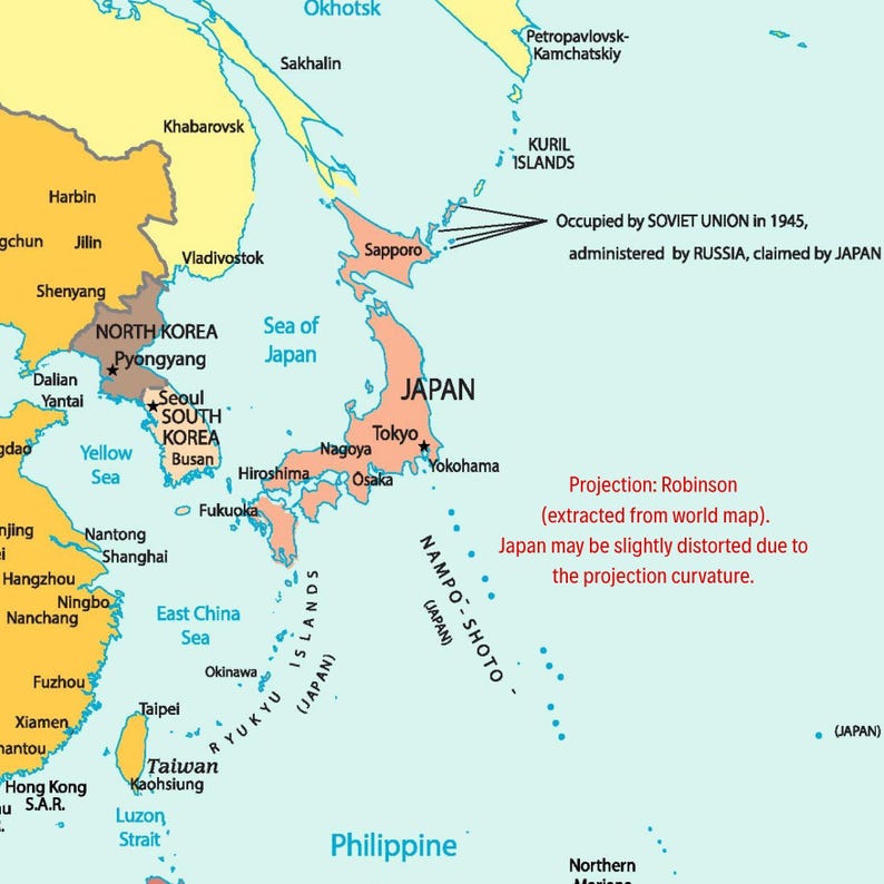 May include: A colorful map of East Asia, highlighting Japan, Korea, and surrounding areas. Major cities like Tokyo, Seoul, and Shanghai are labeled. The map includes text indicating historical claims and projection details.