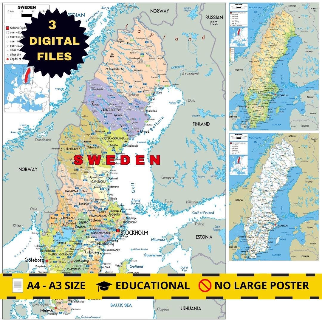 Sweden Map.pdf Printable SWEDEN Political Map + 2 Bonus Roads & Topographical - Etsy