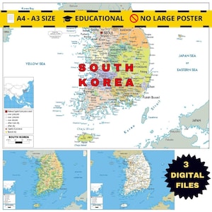 Very Detailed SOUTH KOREA Map Printable Set of 3 Political, Topographic & Road networks A3 format for Classroom, business or home decor