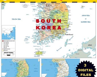 Mappa della COREA DEL SUD molto dettagliata, set di 3 reti politiche, topografiche e stradali, stampabile, formato A3, per aule, aziende o arredamento per la casa.