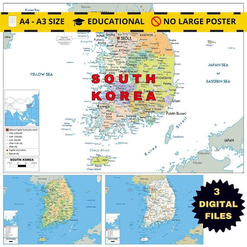 Sehr detaillierte Südkorea-Karte zum Ausdrucken, Set mit 3 Karten im A3-Format: Politische Karte, Topografie und Straßennetz – ideal für Klassenzimmer, Büro oder als Dekoration zu Hause. Bild 1