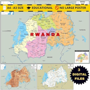 Rwanda Map Set: Political, Physical & Road Network (Printable Digital Download)