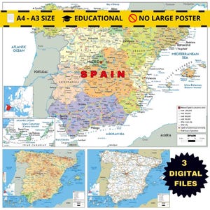 SPAIN Detailed Political Map + 2 Bonus: Topography and Road Network (Printable)