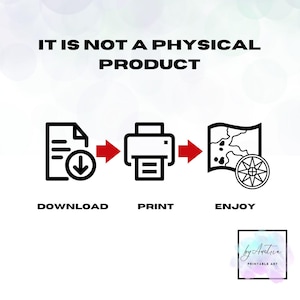 Pu&ograve; includere: Un'illustrazione in bianco e nero che mostra i passaggi per scaricare, stampare e godere di un prodotto digitale. Il testo "IT IS NOT A PHYSICAL PRODUCT" &egrave; nella parte superiore dell'immagine.