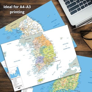 Sehr detaillierte Südkorea-Karte zum Ausdrucken, Set mit 3 Karten im A3-Format: Politische Karte, Topografie und Straßennetz – ideal für Klassenzimmer, Büro oder als Dekoration zu Hause. Bild 2