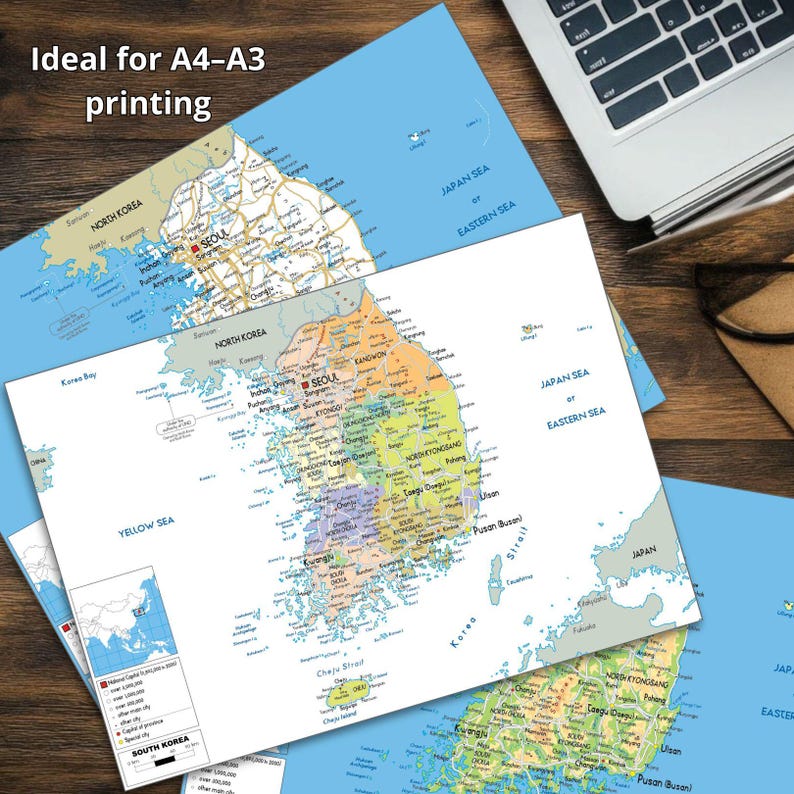 Sehr detaillierte Südkorea-Karte zum Ausdrucken, Set mit 3 Karten im A3-Format: Politische Karte, Topografie und Straßennetz – ideal für Klassenzimmer, Büro oder als Dekoration zu Hause. Bild 2