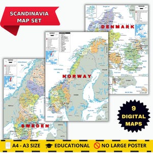 Op de afbeelding: Een Scandinavië-kaartset met drie afzonderlijke digitale kaarten van Zweden, Noorwegen en Denemarken. Elke kaart toont regionale grenzen, steden en geografische kenmerken met labels in rode tekst. De set bevat in totaal 9 digitale kaarten, met tekst die A4- en A3-formaten, educatief gebruik en de afwezigheid van een grote poster aangeeft.