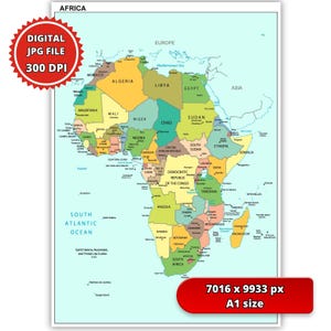 Puede incluir: Un mapa colorido de África, que muestra los países con sus nombres. El mapa incluye el texto "AFRICA" en la parte superior y "SOUTH ATLANTIC OCEAN" en la parte inferior. Un círculo rojo indica "DIGITAL JPG FILE 300 DPI". La imagen también muestra "7016 x 9933 px A1 size".