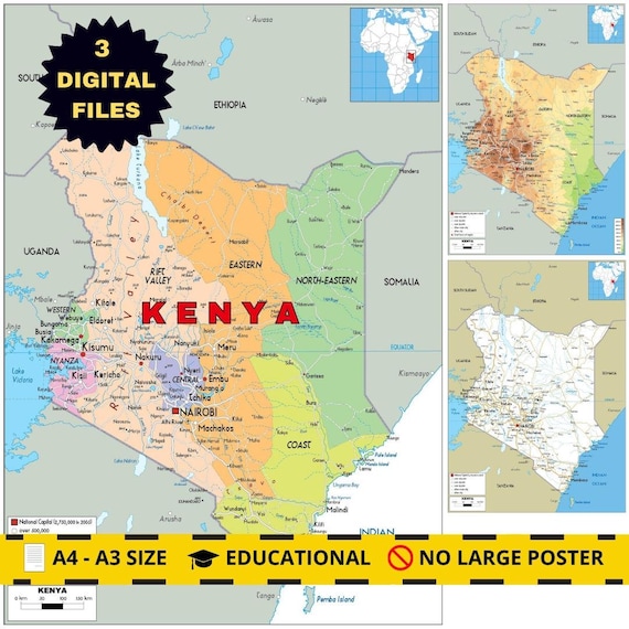 Kenya Map Set: Political, Physical & Road Network - Etsy Israel