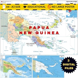 Papua New Guinea 3 Maps Pack - Political, Physical & Road (Printable Digital Download)