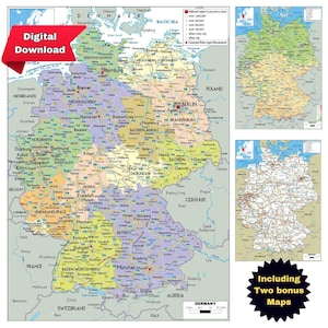 Druckbare politische Karte Deutschlands, detaillierte DIGITALE Kartierung mit Städten, Grenzen und Meeren, einschließlich zwei Bonuskarten mit Straßen und Topografie, A3