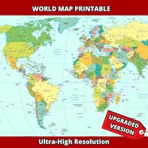 May include: A colourful world map printable featuring clearly labelled continents and countries in various shades of green, yellow, orange, and blue. The text WORLD MAP PRINTABLE appears at the top, and a red tag labelled UPGRADED VERSION is at the bottom.