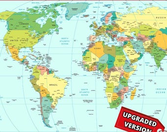 Political World Map Printable – High Resolution JPG + PDF format (Digital Download)