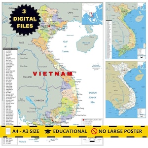 Printable VIETNAM Political Map Digital Download and 2 bonus Topography & Roads for School, Travel offices, Business and Home Decor A3 size
