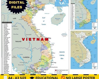 Printable VIETNAM Political Map Digital Download and 2 bonus Topography & Roads for School, Travel offices, Business and Home Decor A3 size