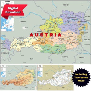 Carte politique imprimable de l'AUTRICHE + 2 affiches bonus routières et topographiques au format A3. Villes, frontières et régions détaillées pour les voyages, l'école ou la décoration.