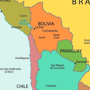 K&ouml;nnte beinhalten: Eine farbenfrohe Karte von S&uuml;damerika, die Bolivien, Paraguay und Chile hervorhebt. Wichtige St&auml;dte wie La Paz, Asunci&oacute;n und Santiago sind beschriftet. Die Karte verwendet verschiedene Farben, um die L&auml;nder zu unterscheiden.