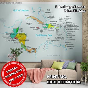 Könnte beinhalten: Eine großformatige Wandkarte von Mittelamerika und der Karibik mit farbigen Ländergrenzen, beschrifteten Hauptstädten und geografischen Namen. Die Karte enthält den Text Extra Large-Format Printable Map und Digital Download.