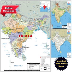 Gedetailleerde afdrukbare INDIA-kaart Politiek, topografie en wegen A3-formaat Digitale downloadposter voor onderwijs, zaken, reizen of woningdecoratie