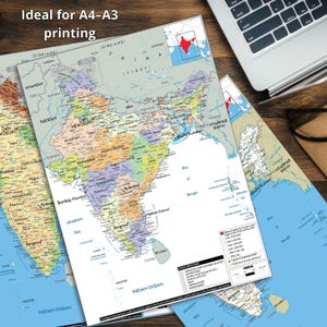 Mappa dettagliata dell'INDIA stampabile, politica, topografia e strade, formato A3, poster digitale scaricabile per istruzione, affari, viaggi o arredamento per la casa immagine 2