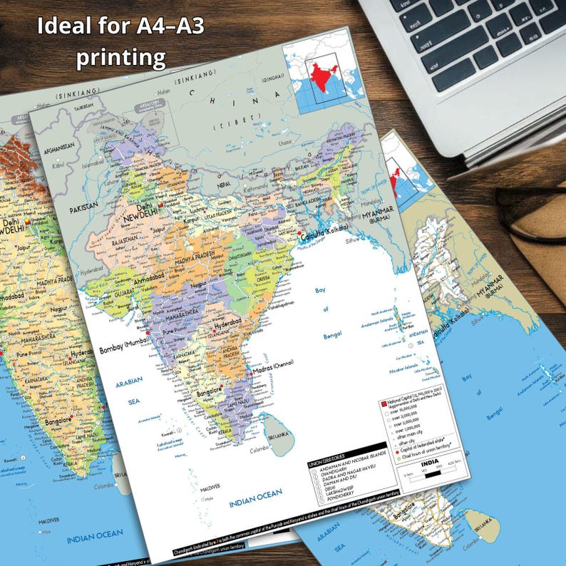 Mappa dettagliata dell'INDIA stampabile, politica, topografia e strade, formato A3, poster digitale scaricabile per istruzione, affari, viaggi o arredamento per la casa immagine 2