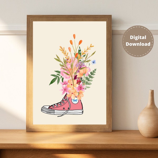 Sneaker and Flowers art, Teens room decor, Gift for her, Girly wall art, Flower shoes, Girly printable art, DIGITAL Sneaker art, Girls decor