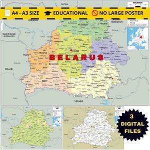 Op de afbeelding: Een digitale kaart van Wit-Rusland met kleurgecodeerde provincies, grote steden en wegennetwerken. De tekst bevat A4-A3 SIZE, EDUCATIONAL, NO LARGE POSTER, BELARUS en 3 DIGITAL FILES. De kaart toont de administratieve grenzen.