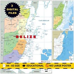 Puede incluir: Un mapa colorido de Belice con la palabra "BELIZE" en letras rojas grandes. El mapa incluye el Mar Caribe y los países vecinos. La imagen también incluye el texto "3 DIGITAL FILES", "A4 - A3 SIZE" y "EDUCATIONAL".