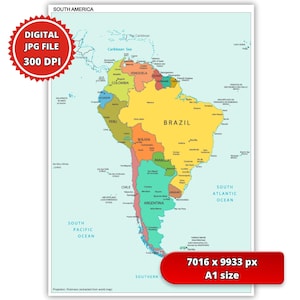 Puede incluir: Un mapa colorido de América del Sur, que muestra los países en varios tonos. El mapa incluye el texto "South America", "Digital JPG File 300 DPI", y "7016 x 9933 px A1 size". Los océanos también están indicados.