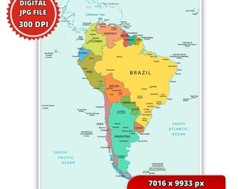 Druckbare Karte von Südamerika, hochauflösendes Geografie-Poster (JPG + PDF) mit 300 DPI