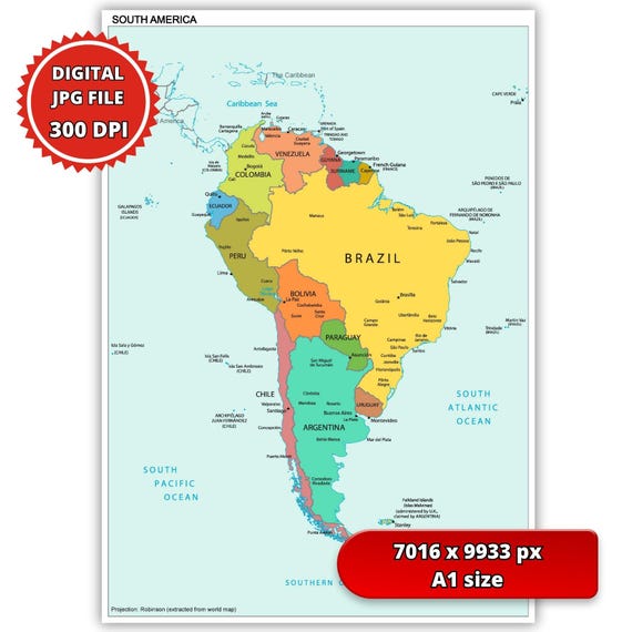 South America Printable Map, 300 DPI High Resolution Geography Poster (JPG + PDF)