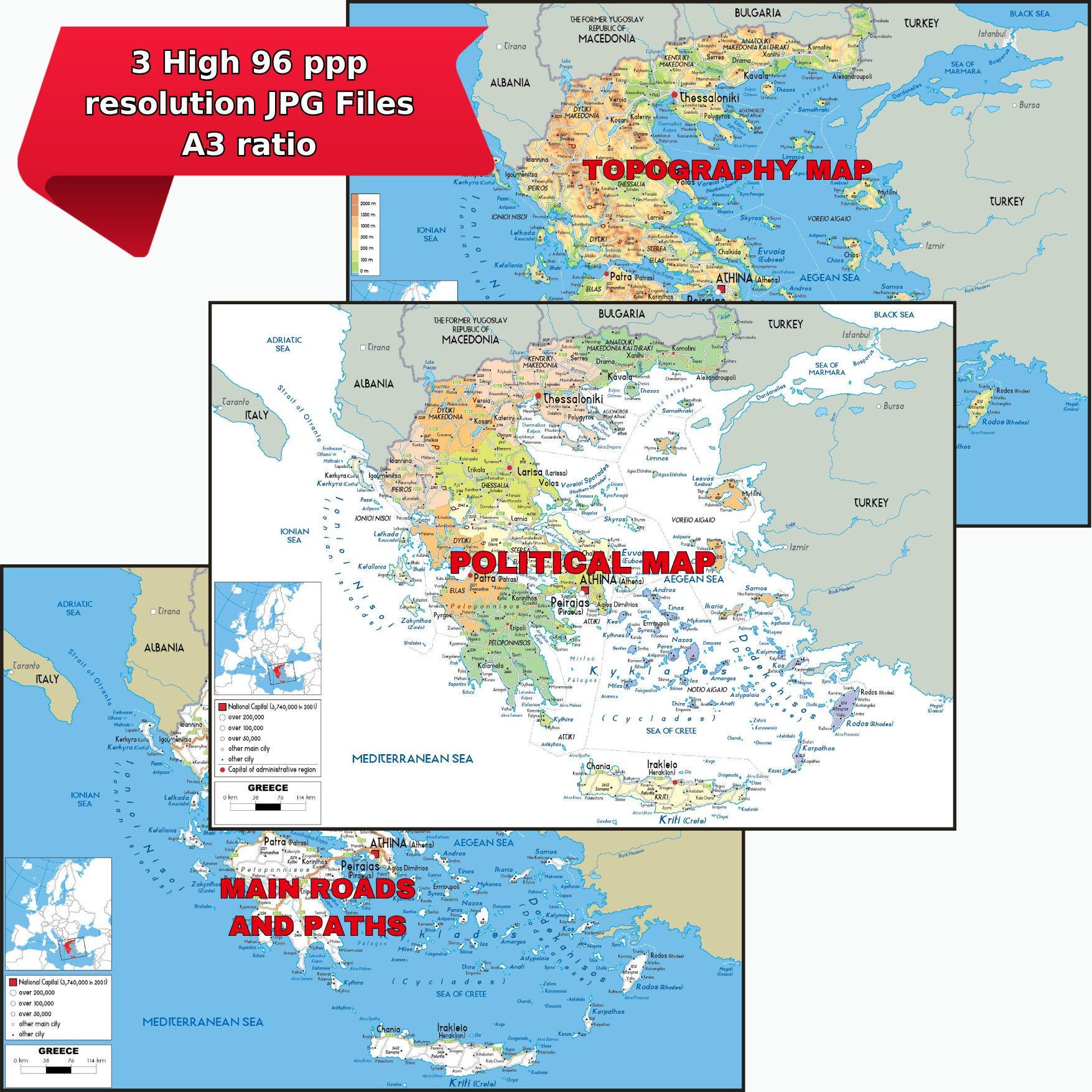 Greece Map.pdf Printable GREECE Political Map + Bonus Topography & Road Poster A3 Size ...